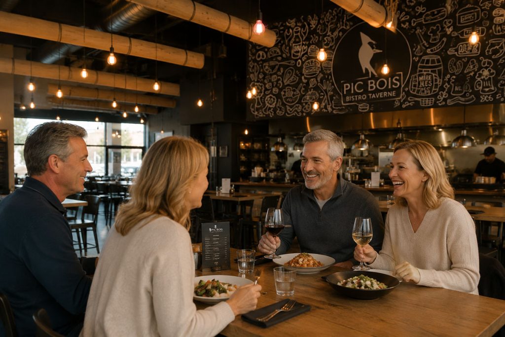 Deux couple de préretraités soupant dans un restaurant gastronomique près de leur condo à Mirabel