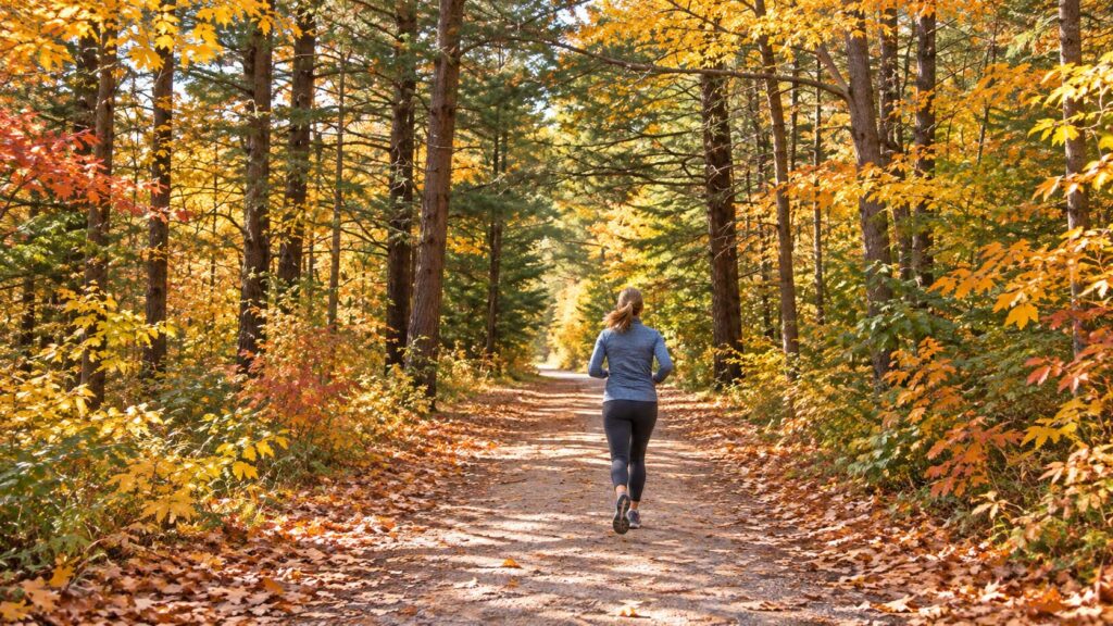 femme vue de dos pratiquant le joggind au parc du Domaine-Vert à proximité de son M3 Condos à Mirabel