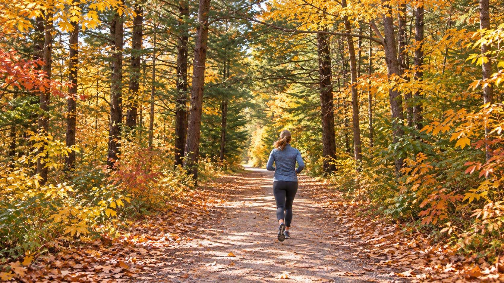 femme vue de dos pratiquant le joggind au parc du Domaine-Vert à proximité de son M3 Condos à Mirabel